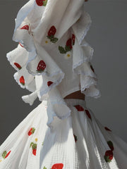 Lizakosht Home Suit Women Pajamas Cotton Linen Top Skirt Set Summer Strawberry Pattern Ruffle Long Sleeve Button Blouse Mini Skirt Outfits