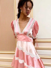 Lizakosht color-blocked pink party dress lace trim sexy women dress new spring summer dres Satin elegant ladies dress