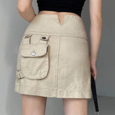 Lizakosht Heavy Cargo Mini Denim Skirt With Pockets Tan Beige Cowgirl Peplum Asymmetric Short Jean Skirts For Ladies Y2K Clothes