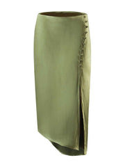 Lizakosht Women New Design Summer Skirt Solid Yellow Green High Waist Female Side Split Sexy Ladies Silk Skirts
