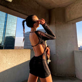 Lizakosht Women Umbra Shredded London Backless Long Sleeve Laddered Knit Mini Dress