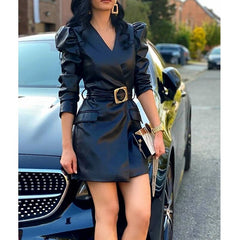 Lizakosht Women's PU Office Dress Women's Sexy Slim Belt High Waist Slim Dress Fashion Puff Sleeve V-neck Solid Color Dress