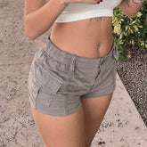 Lizakosht Shorts Women's Pocket Splicing Cargo Pants Hot Pants Women's Solid Color Slim Fit Straight Low Waist Woven Pants