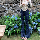 Lizakosht Women's Smiling Face Full Print Blue Flare Pants Casual Fashion Chic Female Elastic High Waist Straight Wide Legs Slim Trousers