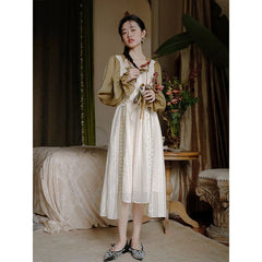 Vintage Mori Girl Women Dress Lace Chic Style Flare Sleeve Bandage Chiffon Prairie Lawn Dresses Female Retro Femme Vestido