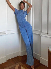 Lizakosht 2 Piece Sets Women Outfits Autumn Short Sleeve Shirts Tops And Wide Legs Pants Femme High Street Matching Sets