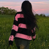 Lizakosht Autumn Winter Sweet Pink Sweater Woman Striped O-Neck Cute Pullover Casual Knitted Tops Streetwear Loose Tops Female Sweater