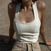 Lizakosht Elegant Summer Halter White Crop Tops for Women Sexy Backless Bandage Outfits Sleeveless Vest Tank Tops Cropped