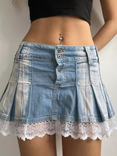 Lizakosht Kawaii Denim Skirt Fairycore Vintage Lace Hem Patchwork Women Korean Spring A-line Pleated Mini Skirts Blue Casual Streetwear
