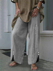 Lizakosht Women Casual Cotton Linen Long Pants Elegant Elastic Waist Button Solid Trousers Spring Summer Fashion Loose Wide Leg Pant