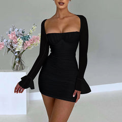 Lizakosht Fall Summer Women Sexy Mesh Long Sleeve Backless Ruffle Backpack Hip Halter Skirt Lady Elegant Ball Evening Dress Vestidos