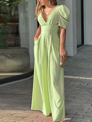 Lizakosht Elegant Office High Waist Wide Leg Pant Romper Sexy Deep V Neck Solid Puff Sleeve Jumpsuit Fashion Chic Hollow Backless Playsuit