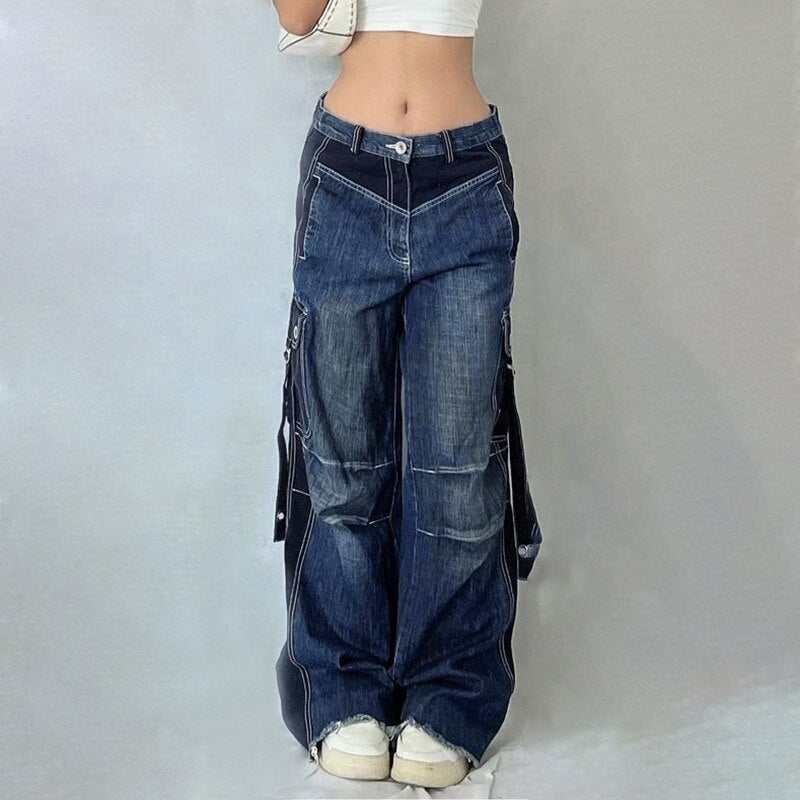 Lizakosht 2023 Loose Y2K Women Baggy Pants Denim Pockets Up High Street Patchwork Blue Low Waist Wide Leg Jeans Vintage Casual Cargo Pants