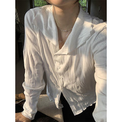 White Blouses Women Elegant Shirt Female Aesthetic Y2k Harajuku Pleated Chic Long Sleeve Top Ladies Loose Korean Vintage