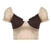 Lizakosht Tee Shirt Femmes Crop Tops V-neck Backless Puff Sleeves Lace Top Womens Tops and Blouses Summer Clothes Fashion T Shirt