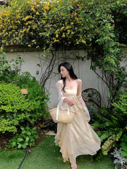 Lizakosht Women Sexy V Neck Lace Up Sweet Kawaii Fairy Party Elegant Spaghetti Strap Dresses Summer Fashion Ruffle Sleeveless Dress