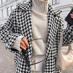 Lizakosht Women Houndstooth Wool Coat Autumn Winter Casual Elegant Long Sleeve Lapel Collar Double Breasted Warm Trench Jacket Outwear