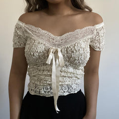 Lizakosht Cute Bow V Neck Short Sleeve Slim Fit Basic Tees Chic Women Y2K Vintage Crop Tops Feminino Fairy Floral Lace Tshirt