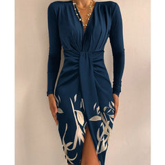 Wepbel Slim-Fit Evening Dress Women Long Sleeve Slim Fits Lace Up OL Bodycon Dress Crimp V-neck Long Sleeve Silk Sexy Dress