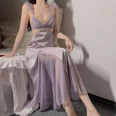 Lizakosht Woman Purple Pajamas Sleepwear Sexy Lace Nightdress Elagent V-collar Sling Bowknot Dress Skin Friendly Perspective Nightgown