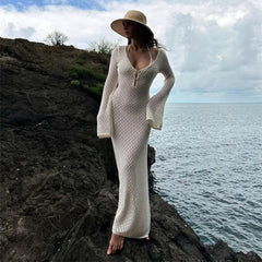 Lizakosht Casual Crochet Long Sleeve Backless Sexy V-Neck Bodycon Elegance Evening Dress Autumn Hollowed Out Beach Knit Long Dress