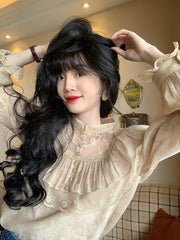 Lizakosht Elegant French Blouse Women Temperament Sweet Ruffles Loose Patchwork Tops Lady Vintage Hollow O-neck Long Sleeve Sweet Shirts