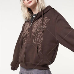 Lizakosht Fashion Retro Angel Wings Print Anime Women Long Sleeve Zip Hoodie Jacket Loose Oversized Y2K Street Fashion Women clothes