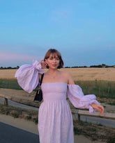 Lizakosht Women New Vintage Style Square Collar Long Puff Sleeve Off the Shoulder Lady Linen Midi Dress