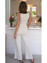 Lizakosht Single Button Crop Vest Long Pants Women 2 Pcs Cotton Linen Summer Set Elastic Waist Wide Leg Beige Outfits Matching Set