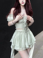 Lizakosht Summer France Vintage Two Piece Set Women Chiffon Elegant Hight Waist Skirt Suit Female Korean Casual Ruched Sweet Set New