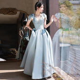 Elegant Blue Evening Dress French Backless Temperament V-Neck Empire Slim Graduation Birthday Party Gonws