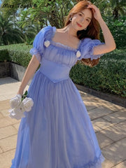 Lizakosht Summer Vintage Backless Dress Women Backless Fairy Party Midi Dresses Female Korean Fashion Casual Lace Up Bow Sweet Dress 2022
