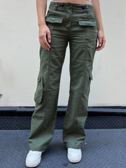 Lizakosht Vintage Casual Green Cargo Pants Women Spring Solid Adjustable Elastic High Waist Straight Pants Retro Streetwear Y2k Trousers