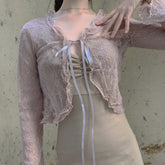 New Spring and Autumn Sunscreen Lace Shirt Cardigan T-shirt Fashion V-neck Sexy Lace Side Straps Slim Temperament Y2k Top