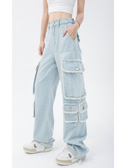Lizakosht Women's Trendy High Street Baggy Cargo Jeans Straight Pants Tassel Wide Leg High Waist Denim Trouser Y2k Streetwear Harajuku