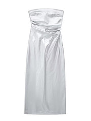 Lizakosht Silver Women 2023 Fashion Summer Folds Tube Top Midi Dress Vintage Backless Side Zipper Faldas Female Sexy Slim Party Dresses
