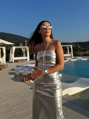 Lizakosht Silver Women 2023 Fashion Summer Folds Tube Top Midi Dress Vintage Backless Side Zipper Faldas Female Sexy Slim Party Dresses
