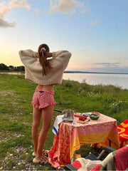 Lizakosht Solid Cable Knit O-neck Women's Crop Top Pullover Lantern Sleeve Loose Oversized Short Sweater Autumn Chic Casual Knitwears