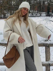 Lizakosht Solid Elegant Woolen Blends Long Coat For Women Turndown Collar Open Front Long Sleeve Loose Overcoat Chic Causal Lady Streetwea