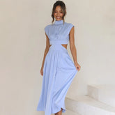 Lizakosht Solid High Waist Hollow Out Dresses For Women Summer Sleeveless Cut Out Dress Fashion Casual Elegant Clothes Vacation Dresses