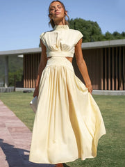 Lizakosht Solid High Waist Hollow Out Dresses For Women Summer Sleeveless Cut Out Dress Fashion Casual Elegant Clothes Vacation Dresses