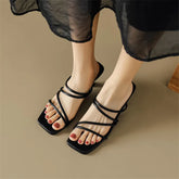 Lizakosht Summer Slippers Women Square Toe Sandals Concise Narrow Band Shoes Stiletto Heels Shoes for Women Handmade Slippers Women