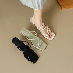 Lizakosht Summer Slippers Women Square Toe Sandals Concise Narrow Band Shoes Stiletto Heels Shoes for Women Handmade Slippers Women
