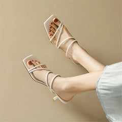 Lizakosht Summer Slippers Women Square Toe Sandals Concise Narrow Band Shoes Stiletto Heels Shoes for Women Handmade Slippers Women