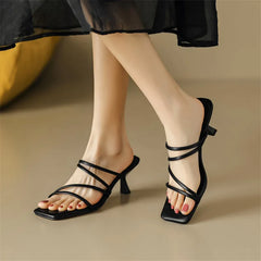 Lizakosht Summer Slippers Women Square Toe Sandals Concise Narrow Band Shoes Stiletto Heels Shoes for Women Handmade Slippers Women