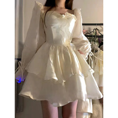 Lizakosht Summer Spring Fairy Kawaii Women Dress Long Sleeve Designer Casual Mini Dress Female Vintage Korean Fashion One Piece Dress