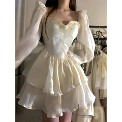 Lizakosht Summer Spring Fairy Kawaii Women Dress Long Sleeve Designer Casual Mini Dress Female Vintage Korean Fashion One Piece Dress