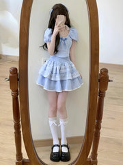 Lizakosht Sweet Plaid Fairy 2 Piece Dress Set Women Short Sleeve Y2k Crop Tops + Elegant Mini Skrits Summer Korean Fashion Suits Chic