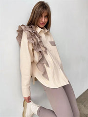 Lizakosht - Ruffled Patchwork Fashion Shirts For Women Pocket Lapel Casual Long Sleeve Cardigan Elegant Contrast Female Blouse Y2k Top