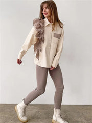 Lizakosht - Ruffled Patchwork Fashion Shirts For Women Pocket Lapel Casual Long Sleeve Cardigan Elegant Contrast Female Blouse Y2k Top